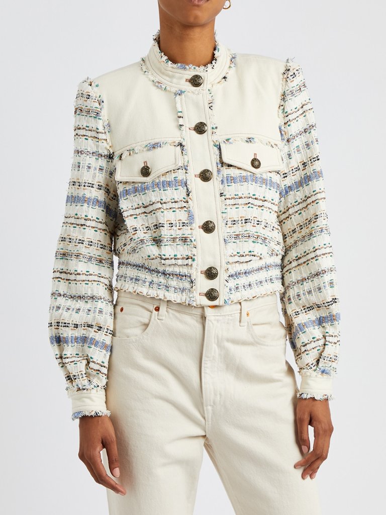 Veronica Beard | Size 10 | Darren Jacket In Blue/Teal/White Tweed & Cream Denim